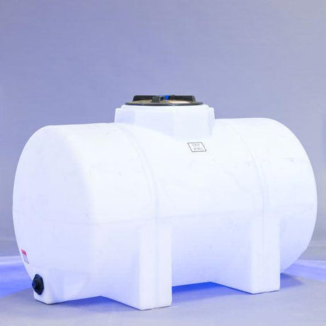 A white plastic water tank with a cylindrical shape and flat ends is placed on a light gray surface. The tank has a black lid on top and a small spout at the bottom left corner.