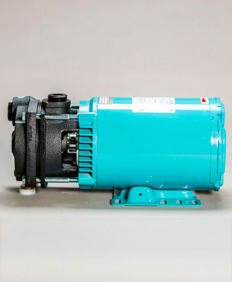 A blue electric motor with a black pump attached, sitting against a neutral gray background. The motor is cylindrical and bolted to a base, with visible labels and connections.