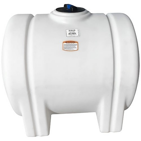 The Norwesco HORIZ. LEG 125 Gallon large plastic horizontal leg tank in white includes a black cap on top. It has a rounded shape and two ribbed sides for stability. The front prominently displays a warning label and capacity details, making it perfect for diverse liquid storage needs.