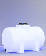 A large, white, cylindrical tank from Norwesco sits on a flat surface. This 225-gallon horizontal leg tank has a round black lid and features a slightly oval shape with thick walls, supported by small legs underneath. The background is plain light gray.