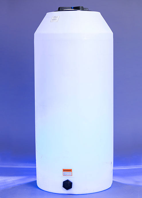 A Vertical 300 Gallon cylindrical plastic liquid storage tank by Norwesco, featuring a black cap on top and a small black outlet at the bottom, is set against a bluish background. A caution label near the base signifies its purpose for industrial chemical storage.