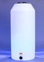 A Vertical 300 Gallon cylindrical plastic liquid storage tank by Norwesco, featuring a black cap on top and a small black outlet at the bottom, is set against a bluish background. A caution label near the base signifies its purpose for industrial chemical storage.