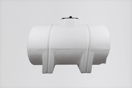 A Norwesco HORIZ. LEG 325 Gallon white cylindrical leg tank, featuring horizontal grooves and a black cap on top, set against a plain background.