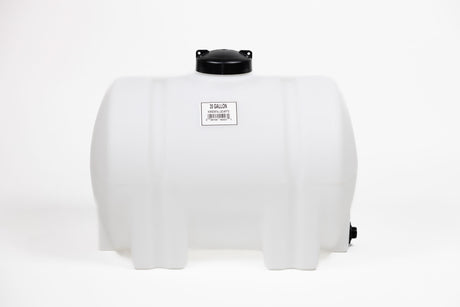 The Norwesco HORIZ. LEG 35 Gallon tank comes in white and includes a black cap with a front label. Its straightforward and functional design makes it perfect for efficient water storage.