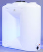 The product is a Norwesco Freestanding Doorway 400 Gallon tank, featuring a large, white, rectangular design with rounded edges and a black cap on top. It stands against a light blue background and includes a small black fitting near the bottom to ensure it can easily pass through standard doorways.