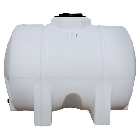 The Norwesco HORIZ. LEG 525 Gallon tank is a large, white, cylindrical plastic horizontal tank with a black lid on top. It features ridged sides and sits securely on its supportive legs, expertly designed for efficient liquid containment.