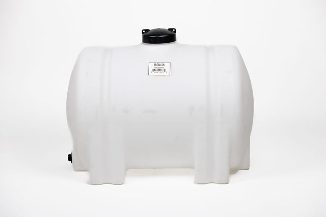 A sizable Norwesco HORIZ. LEG 55 Gallon tank, featuring a black cap on top and a central label, is displayed against a plain white background.