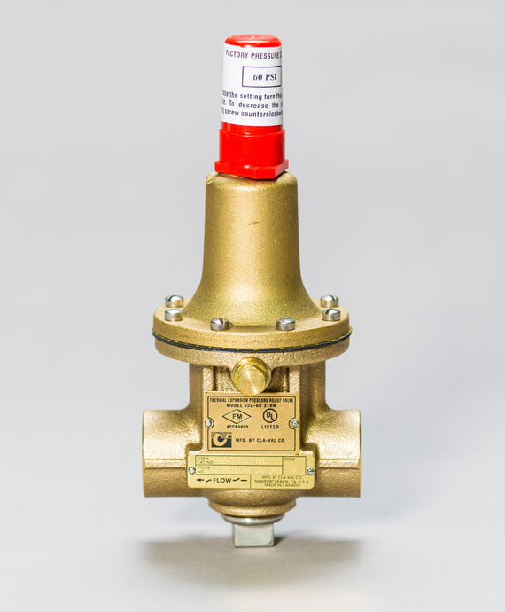 The CLA-VAL 175 Casing Relief Valve 20-200 by CLA-VAL is a brass pressure relief valve equipped with a red cap and factory-labeled pressure settings. This direct-acting valve includes an adjustable knob and detailed manufacturer information on a metal plate, making it efficient for controlling fluid flow and pressure.