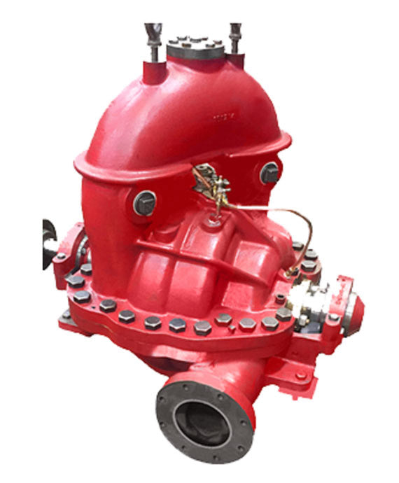 The image displays a large, red Patterson 2 Stage Horizontal Fire Pump, featuring multiple bolts and pipes. This industrial centrifugal pump has a curved top and is engineered for heavy-duty, high-pressure fluid movement.