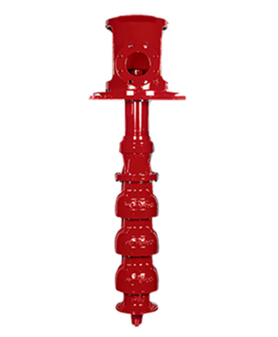 A Patterson Vertical Turbine Fire Pump, featuring a cylindrical design with multiple circular segments stacked vertically in red, seamlessly integrates into the fire protection system.