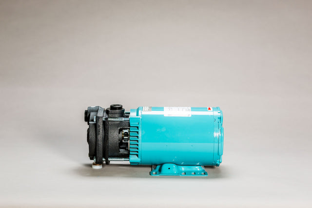 An MTH 3-PHASE:T51JBF 3.0 HP electric motor, featuring a blue cylindrical design with black metal housing, is set against a light gray background. The motor includes vents and mounting brackets and boasts a bronze impeller for improved performance.