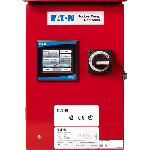 The Eaton 3-Phase Jockey Panel: XTJP-G06-L1 in red comes with a touchscreen display that clearly presents settings. Adjacent to the screen, there is a functional black and white toggle switch. The device's surface displays brand logos and compliance icons, highlighting its reliability and commitment to quality assurance.