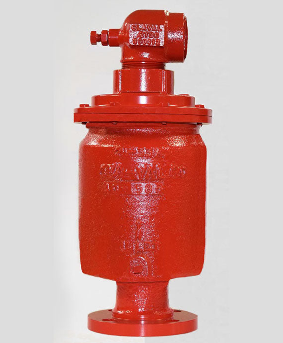 The CLA-VAL 33ATD, a red industrial valve with a cylindrical shape and flanged base, features embossed text such as "PN16" and "G. VALVE." This air release valve, designed by CLA-VAL for pipeline protection, stands out against a plain light gray background with its robust and durable design.