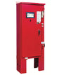 The Eaton FD20 – Single Phase is a red industrial control panel featuring a front screen, buttons, and a lockable handle. It incorporates a microprocessor for precise operation and rests on a metal base adorned with various labels and indicators, ensuring seamless management of fire service pumps.