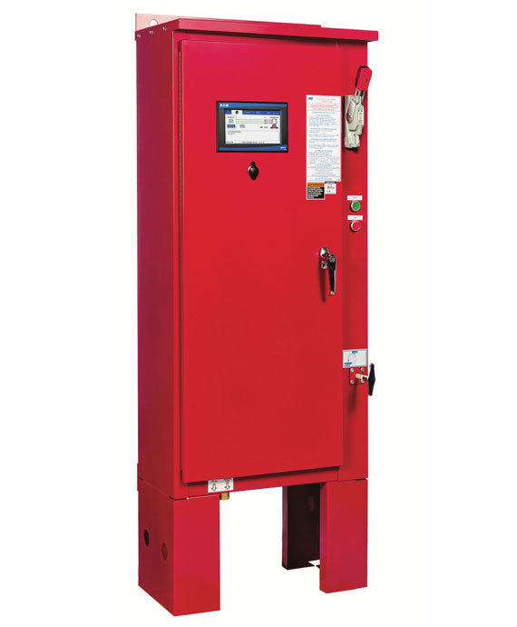 The Eaton FD30 Across-The-Line electrical control cabinet, finished in red, features a digital display alongside a lockable handle and multiple labels on the front. It stands elevated on short legs and includes a motor contactor switch to the right of the display for Across-The-Line operation.