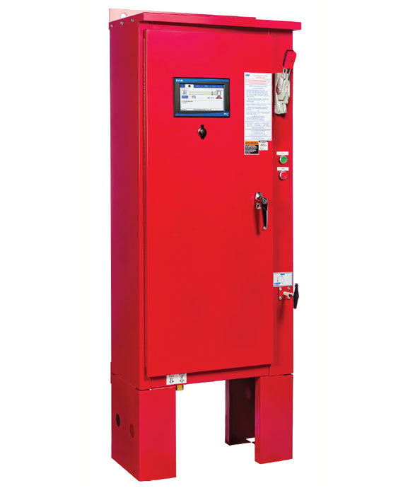 The FD80 – Wye-Delta – Closed by Eaton, a red electrical control cabinet, is securely mounted on a stand and features a digital display along with various buttons. It includes wye-delta starting for optimal torque efficiency and comes with instructional stickers and a lock on its door for added security.