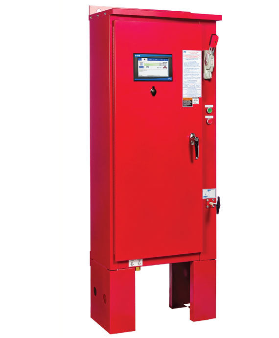 Eaton's FT20 – Limited Service electrical panel box, mounted on a stand, includes a small screen, labels, buttons, and a handle on the front. The integrated LMR Plus Microprocessor enhances its functionality by efficiently managing booster pumps.