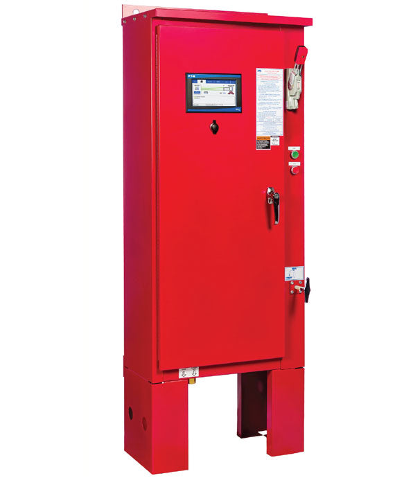 An Eaton FT30 Across-The-Line electrical control panel, in red, features a digital display, buttons, and a door lock. It is mounted on raised supports and comes with labels and instructions on the front. Ideal for those seeking precision with dual utility controllers or the FT30 Transfer Switch Controller.