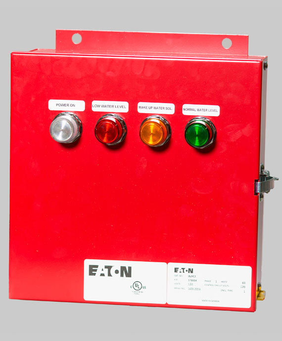 The Eaton branded "Tank Status" electrical control panel comes in red, equipped with four indicator lights that display the tank's status: "Power On," "Low Water Level," "Make Up Water Sol.," and "Normal Water Level." This panel also includes a label detailing its technical specifications.