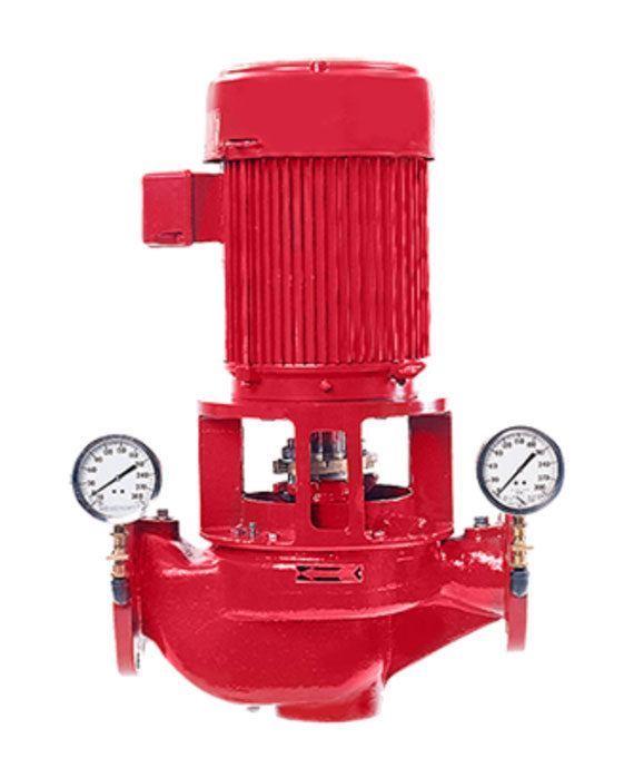 The image features a vertically-oriented Patterson Vertical Inline Fire Pump in red, with UL/FM approval. Two pressure gauges are mounted near the base on either side. Set against a white background, this pump by Patterson provides an economical solution for efficient water management.